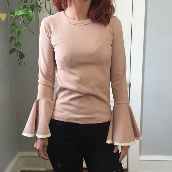 🌸NWT Storets Tan Bell Sleeve Mod Ribbed Shirt Top - Picture 2 of 8